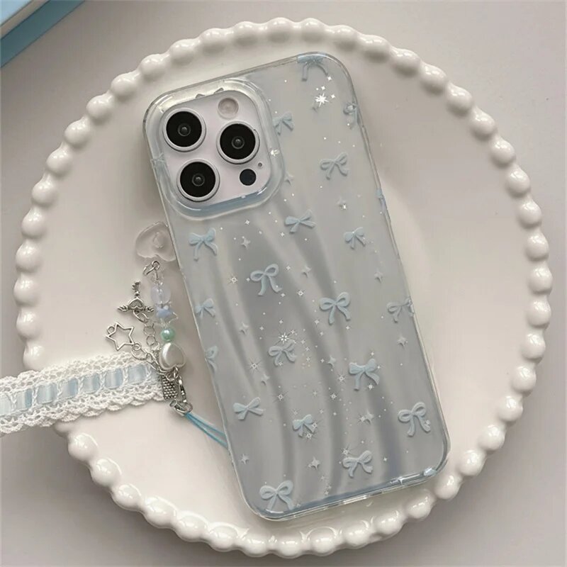 Чехол для iPhone 17 Pro Max с луками и кулоном, голубой