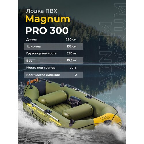 Лодка ПВХ под мотор надувная двухместная гребная для рыбалки Magnum PRO 300 зеленая грузоподьемность 270 кг