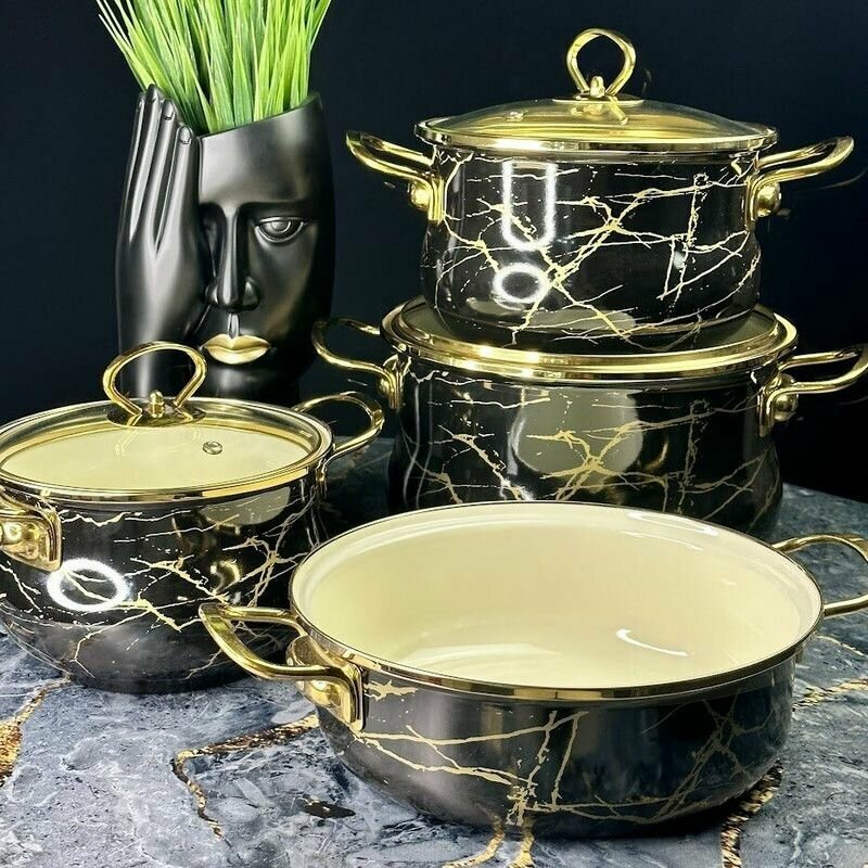 Набор эмалированной посуды для приготовления 7 предметов /  Черный мрамор