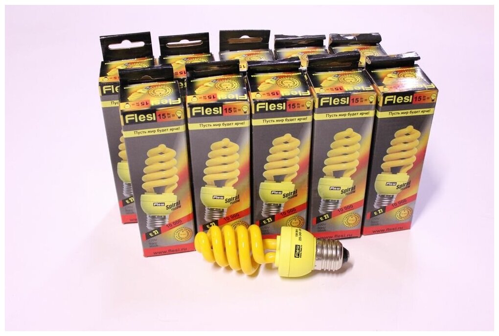 фото 10шт. Лампа энергосберегающая Flesi Spiral Color 15W 220V E27 Yellow 124x45 10шт/упак.