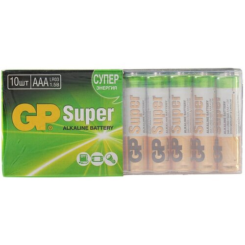 Батарейка алкалиновая GP Super, AAA, LR03-10S, 1.5В, набор 10 шт. батарейка алкалиновая gp super аa lr6 80box 1 5в набор 80 шт