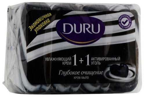 DURU Крем-мыло кусковое 1+1 Активированный уголь без аромата, 4 шт., 90 мл, 90 г