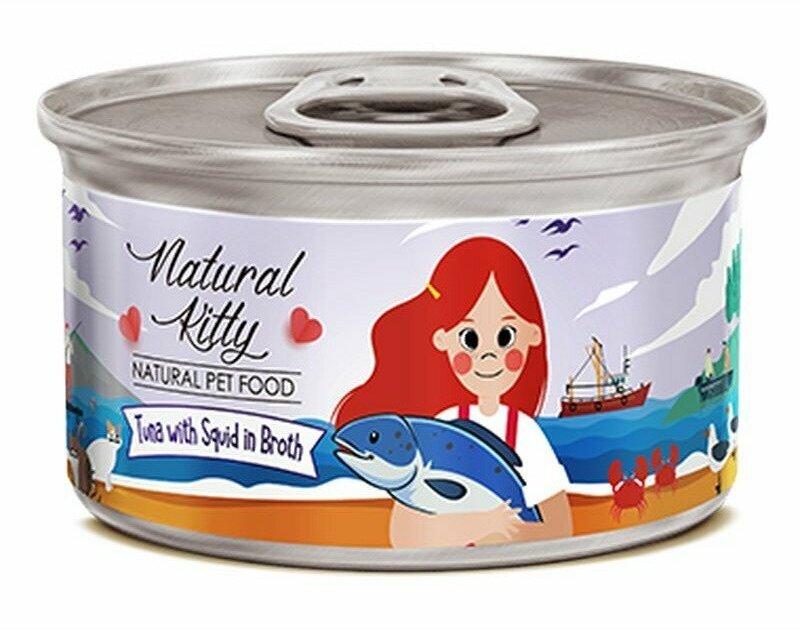 Pettric Natural Kitty влажный корм для кошек тунец с кальмаром в бульоне (24шт в уп) 80 гр