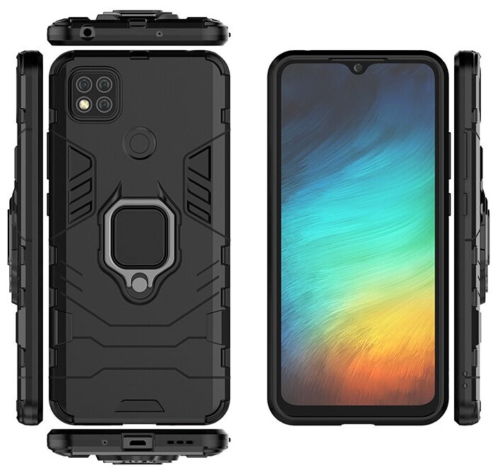 Противоударный чехол с кольцом Panther Case для Xiaomi Redmi 9C черный