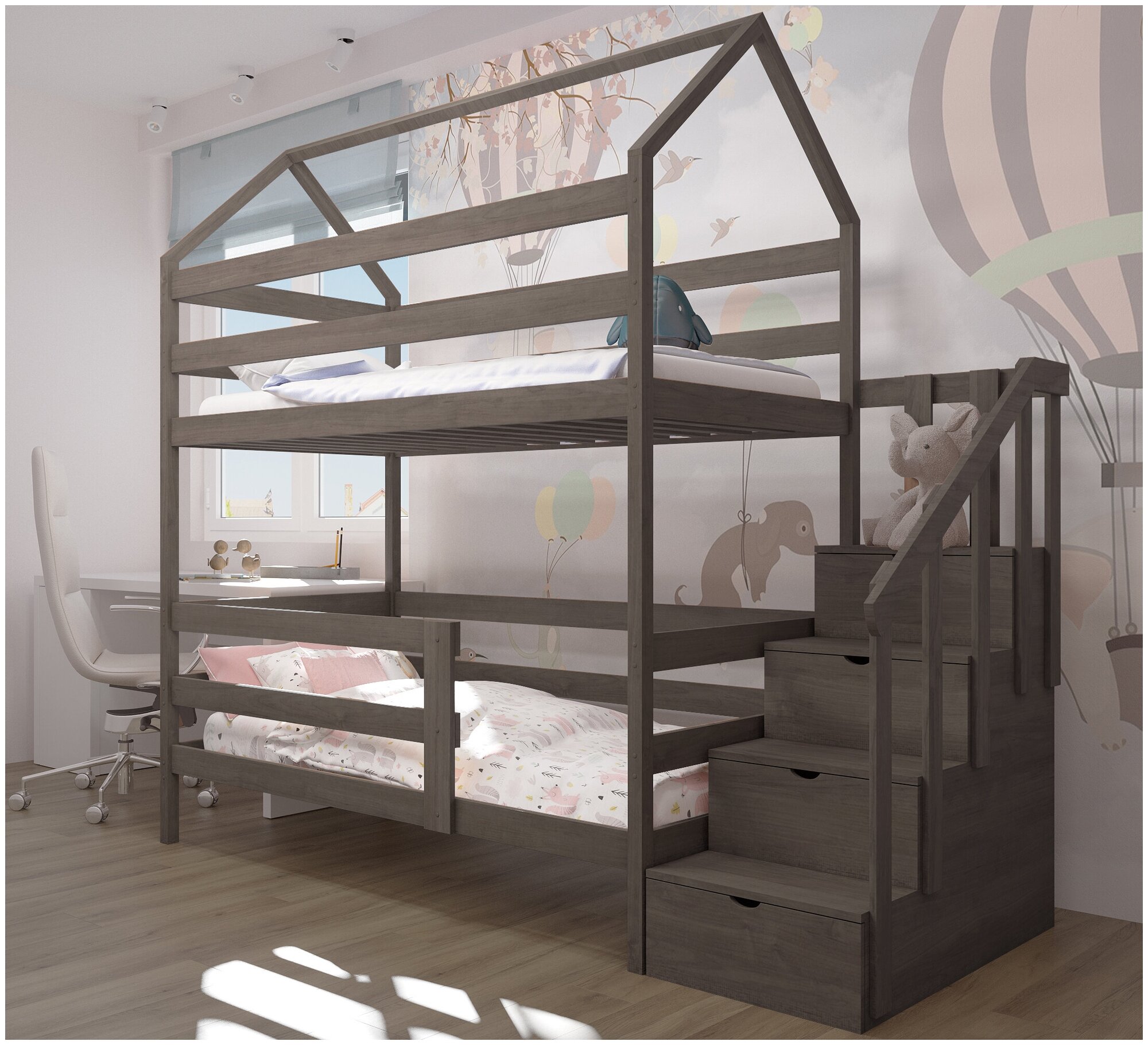 Кровать детская, подростковая "Двухъярусная с лестницей-комодом", спальное место 180х90, масло "Асфальт", из массива