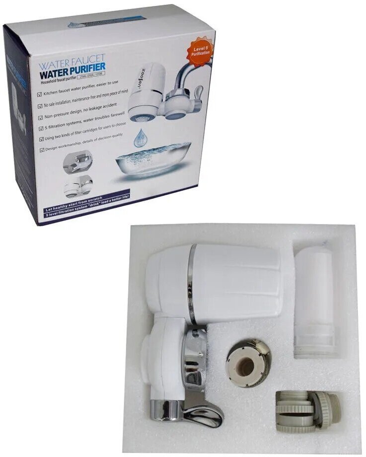 Проточный фильтр для воды Water Purifier, с установкой на кран, с запасным картриджем, цвет белый - фотография № 5