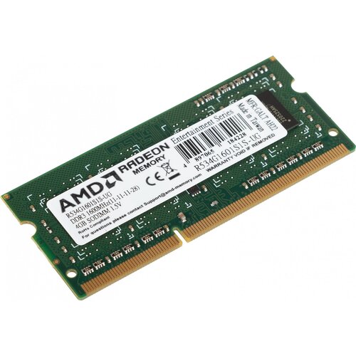 Память DDR3 4Gb 1600MHz AMD R534G1601S1S-UG RTL PC3-12800 CL11 SO-DIMM 204-pin 1.5В оперативная память 4gb pc3 12800 1600mhz ddr3 dimm ecc kingston kvr16r11d8 4