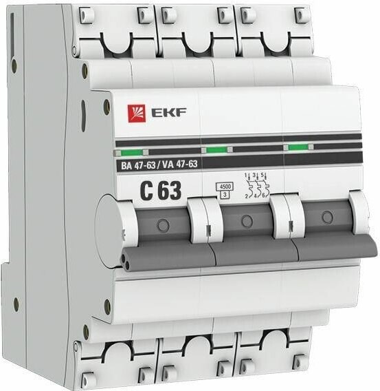 PROxima ВА 47-63 mcb4763-3-63C-pro Автоматический выключатель трехполюсный 63А (4.5 кА, C) EKF - фото №1