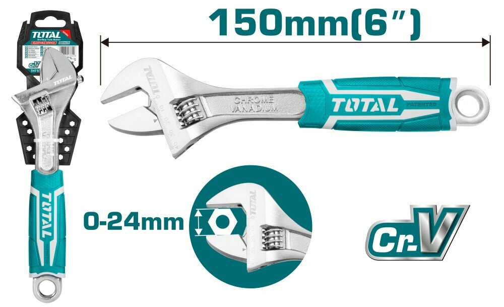 Ключ разводной 150 (6") мм, захват 0-24 мм, обрезинненая рукоятка TOTAL