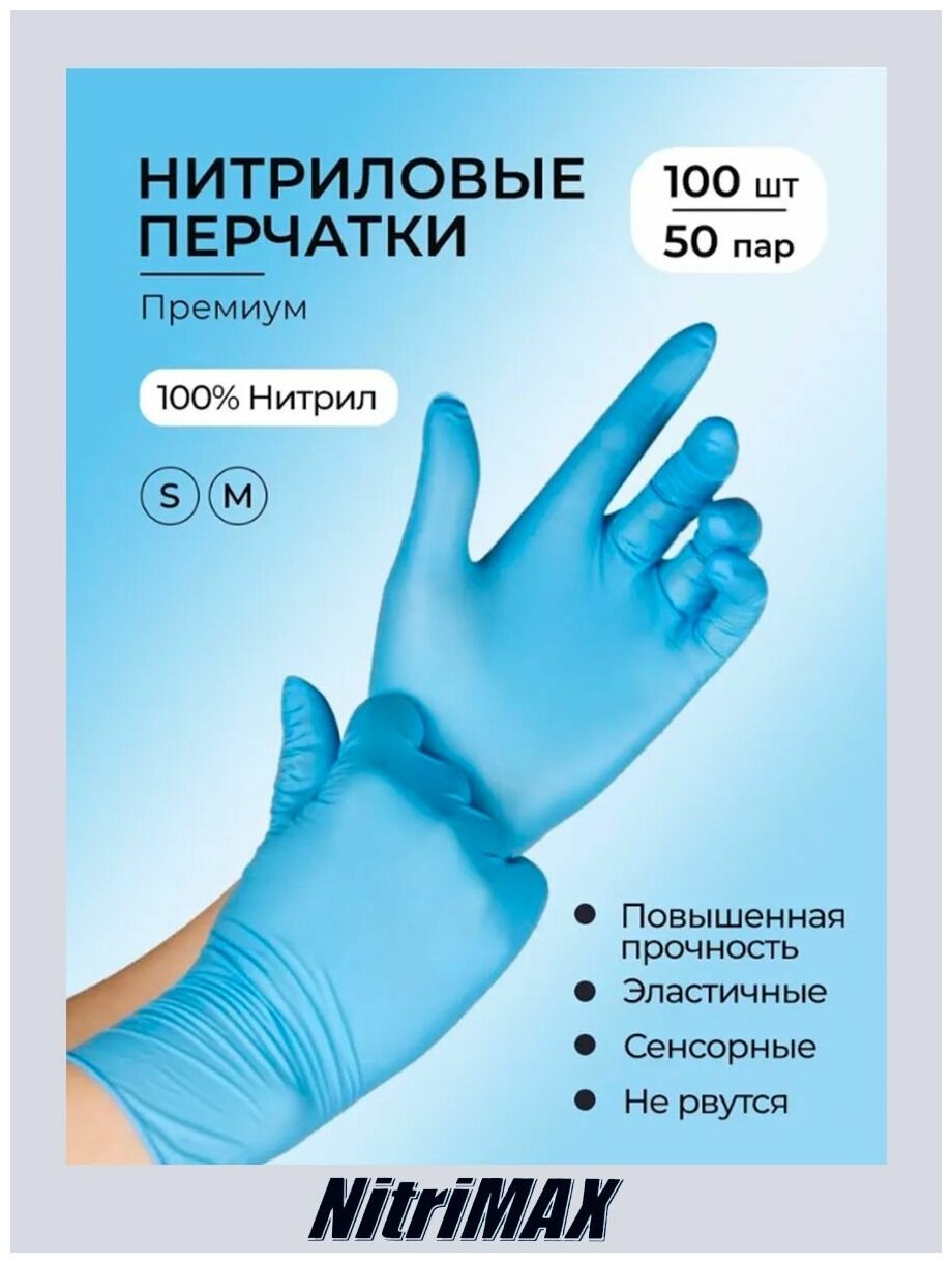 Перчатки нитриловые NitriMAX, голубые, размер S - фотография № 4