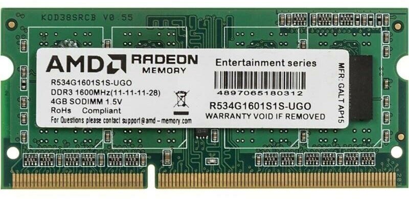 Память DDR3 4Gb 1600MHz AMD R534G1601S1S-UG RTL PC3-12800 CL11 SO-DIMM 204-pin 1.5В