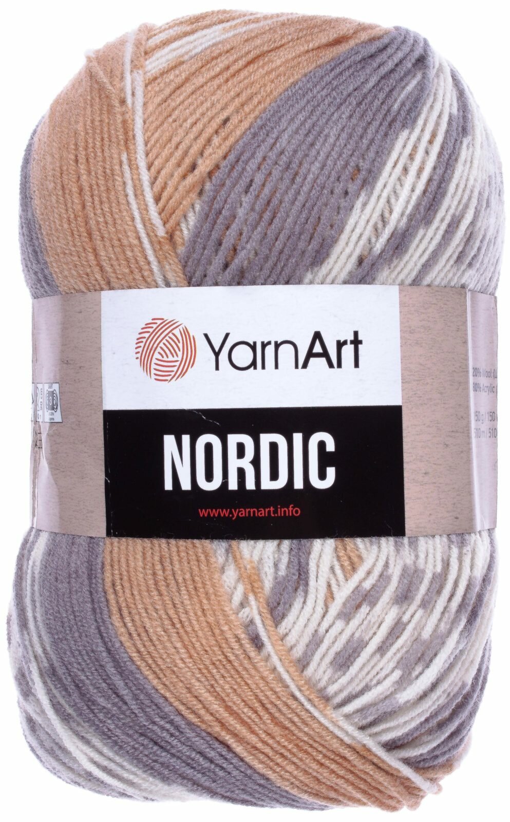 Пряжа Yarnart Nordic бежевый-белый-серый (657), 20%шерсть/80%акрил, 510м, 150г, 1шт