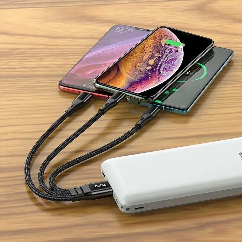 Кабель для зарядки телефона 3в1 hoco X76, USB to Type-С + Lightning + microUSB 1м, 2A черный