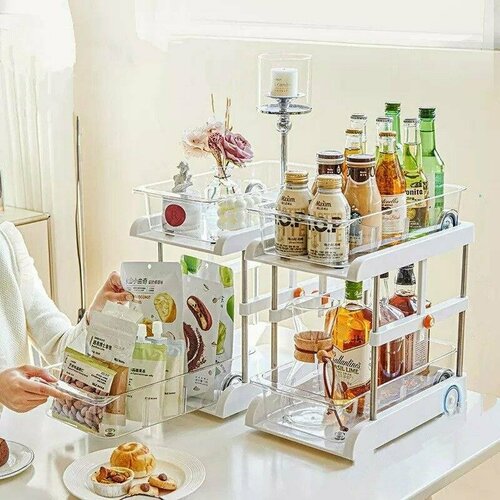 Выдвижной органайзер для хранения, выкатная полка лоток, 2 яруса