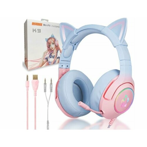 Игровые наушники проводные с микрофоном Onikuma K9 съемные ушки RGB подсветка голубой розовый 893800₽