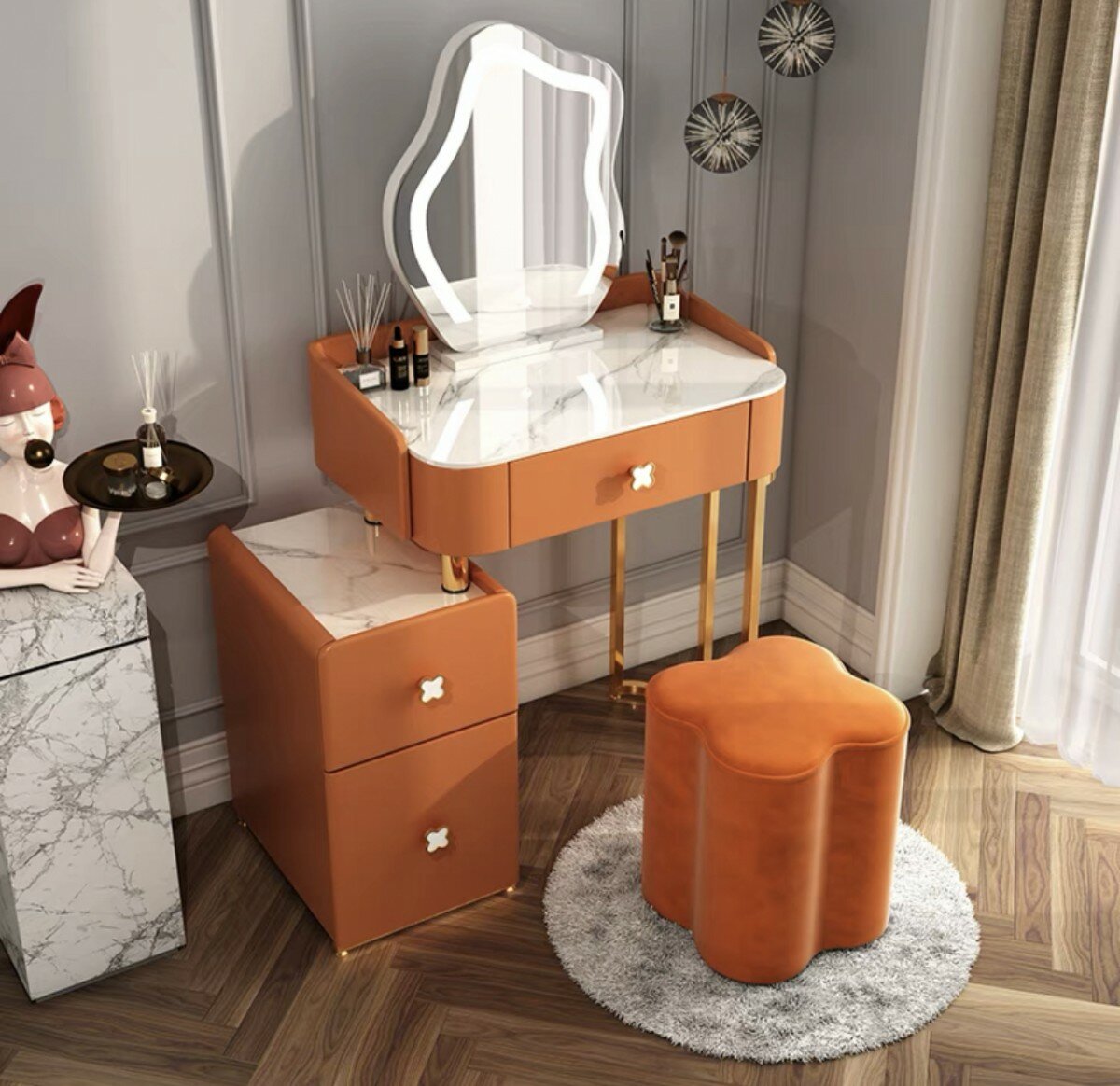 Туалетный столик Gladys (Комплект стол 60см + зеркало с подсветкой + пуф / цвет оранжевый)