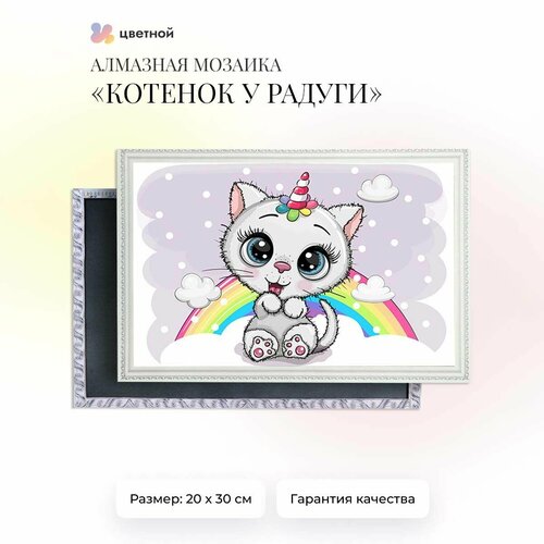 Маленькая детская алмазная мозаика «Радужный котенок с колпаком», LC039, 20х30 см