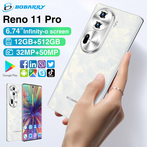 Смартфон Bobarry Reno 11 Pro 512ГБ 12ГБ ОЗУ Android 13 5G белый 9700₽