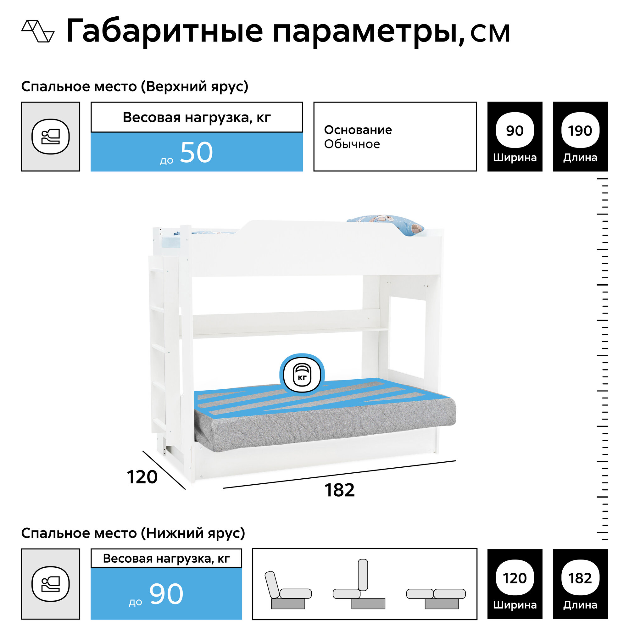 Кровать двухъярусная с диваном Нонтон, 120*182 см, ПБ, белый / светло-серый — фото 1