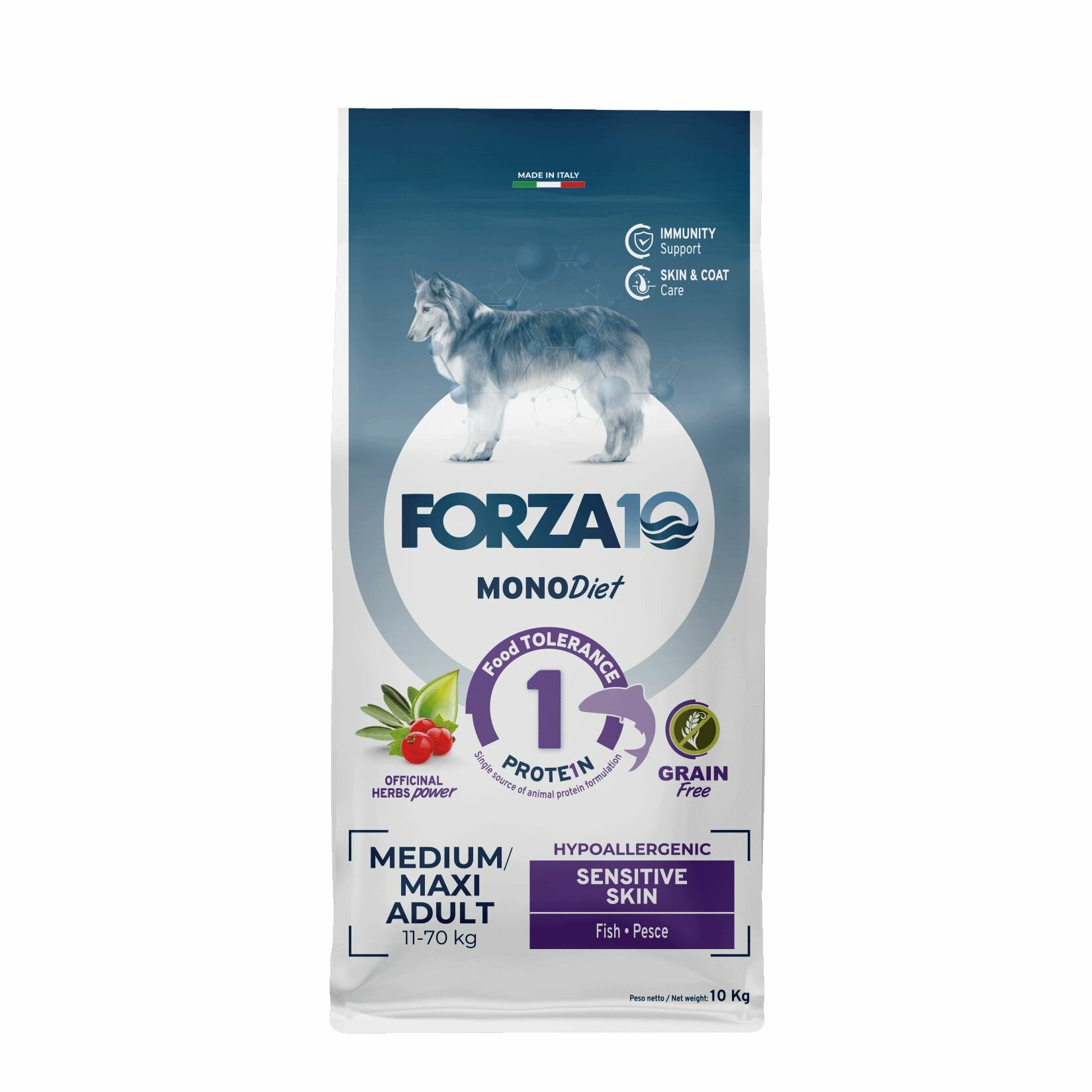 Беззерновой полнорационный диетический корм Forza10 для взрослых собак средних и крупных пород с чувствительной кожей,10 кг
