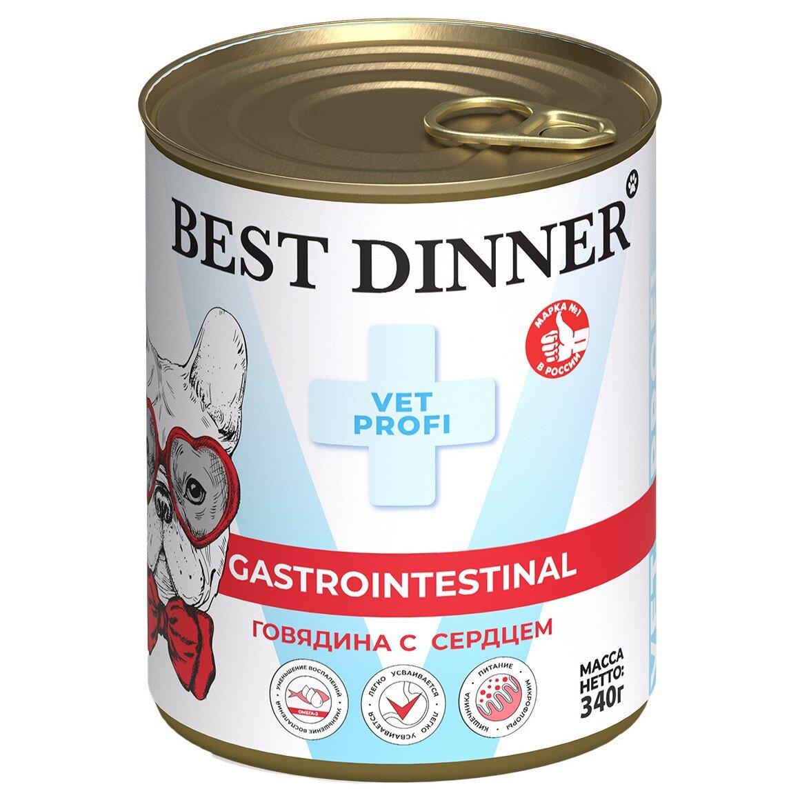 Влажный корм Best Dinner Vet Profi Gastro Intestinal для щенков и собак, для профилактики ЖКТ. Говядина и сердце 340гр — фото 1