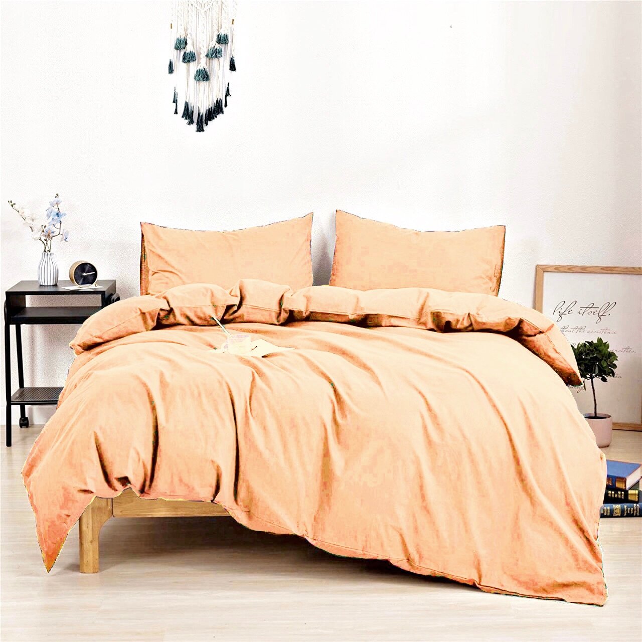 Однотонное постельное бельё, цвет Персик, 2-спальный, матовый сатин, наволочки 70x70, с простыней на резинке 160х200 см