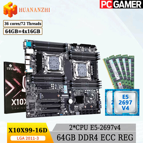 Комплект двухпроцессорная материнская плата Huananzhi X10X99-16D 2xCPU xeon E5-2697V4 64GB DDR4 ECC REG 4x16GB 47160₽
