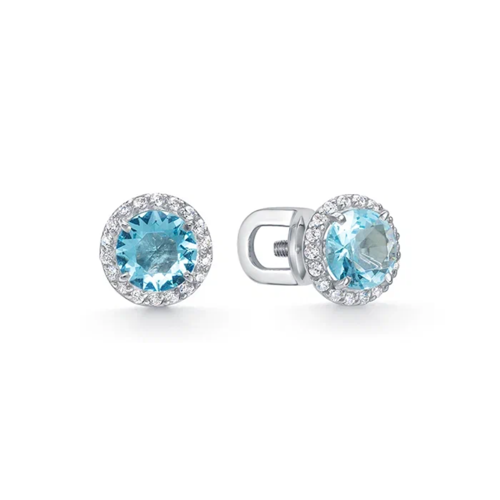 Серьги пусеты Argentum, серебро, 925 проба, родирование, фианит, топаз синтетический, размер 7 мм, длина 1.5 см, , серебристый