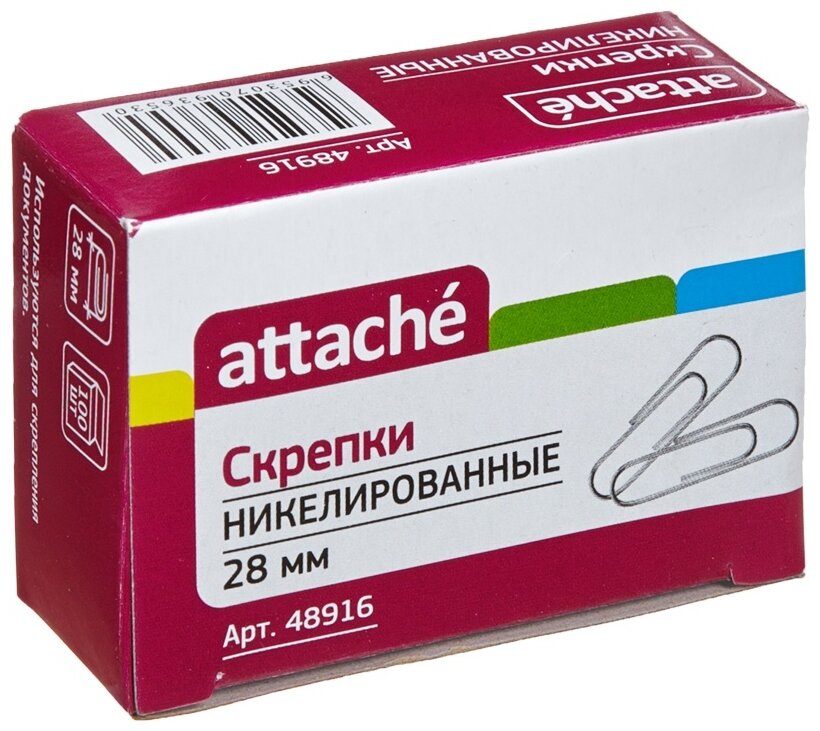 Скрепки Attache 28 мм, никелированные, 100 штук