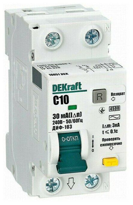 DEKraft Дифференциальный автомат (АВДТ) 1Р+N 10А 30мА тип AC х-ка С ДИФ-103 6кА 16203DEK