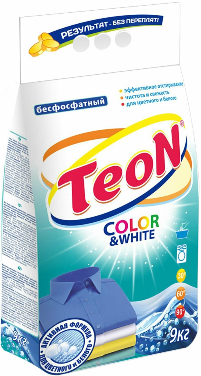 Стиральный порошок для всех типов стирки 9кг TEON Color&White, бесфосфатный, ш/к 58439