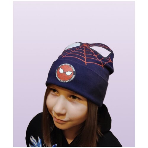 Шапка детская с принтом Человек паук (синяя, 54 размер)