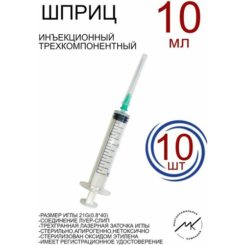 Шприцы одноразовые медицинские 10мл 21G(0,8х40мм)