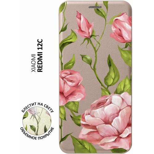 Чехол-книжка на Xiaomi Redmi 12C, Сяоми Редми 12С с 3D принтом Amazing Roses золотой чехол книжка на xiaomi redmi 12c сяоми редми 12с с 3d принтом charming line золотой