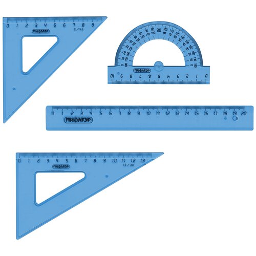 Пифагор Набор чертежный 4 предмета (210628), прозрачный/голубой пифагор комплект 4 шт набор чертежный средний пифагор линейка 20 см 2 треугольника транспортир тонированный европодвес 210628