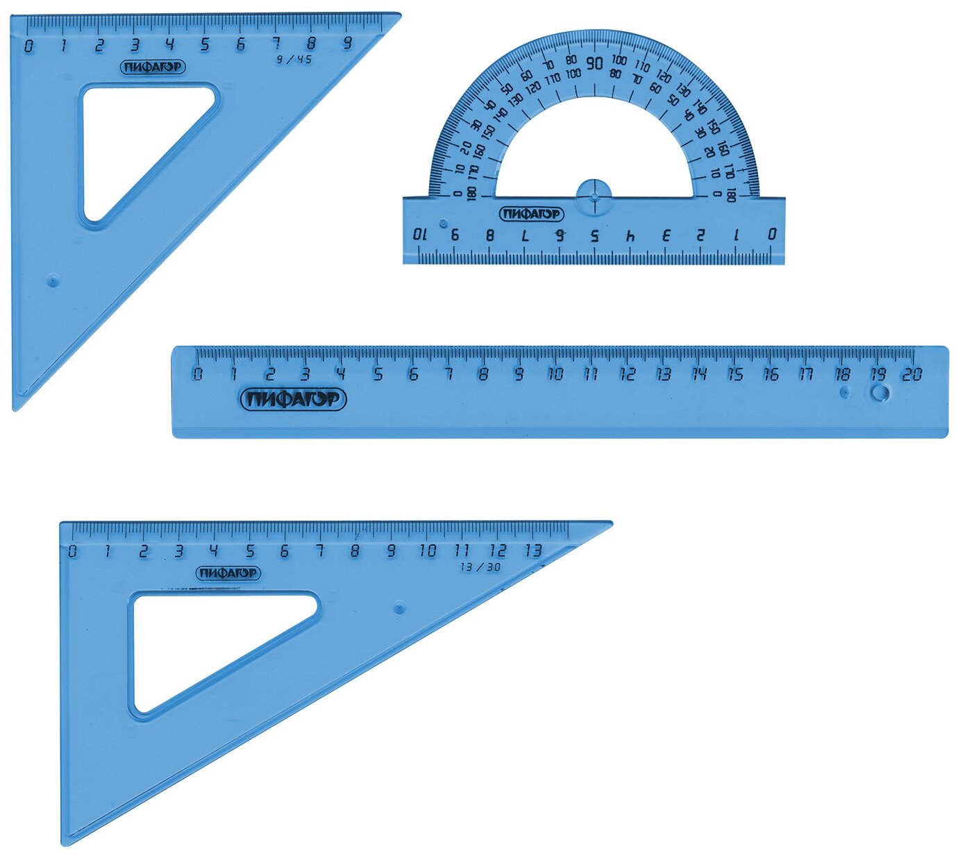 Набор чертежный средний пифагор (линейка 20 см, 2 треуг, трансп.), тонированный, европодвес, 210628