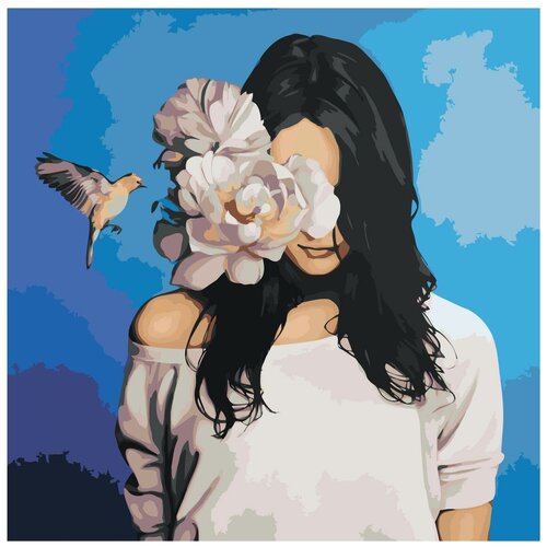 Девушка, белый цветок и птица Раскраска картина по номерам на холсте