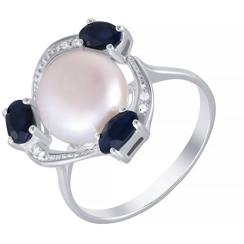 Кольцо JV, серебро, 925 проба, корунд, жемчуг, фианит, размер 17.5 серебряное кольцо с жемчугом корундом кубическим цирконием