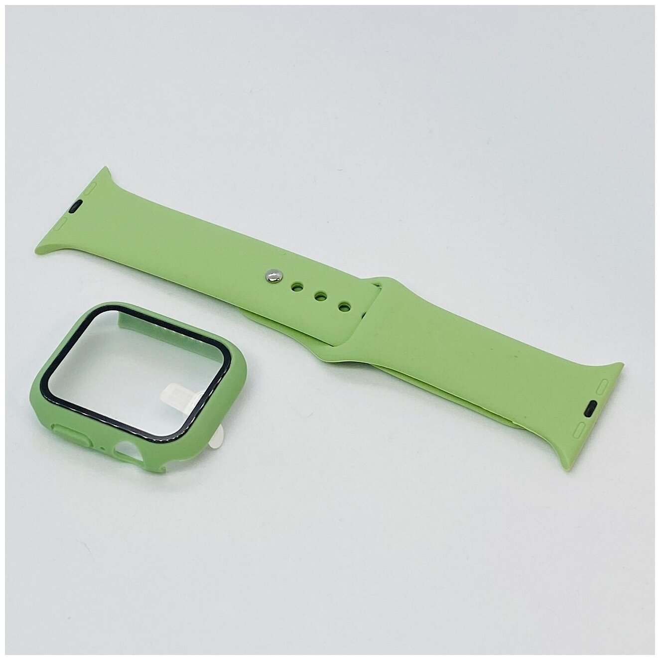 Чехол для Apple Watch 44mm со стеклом + силиконовый ремешок салатовый