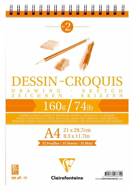 Блокнот для зарисовок А4, 35л Clairefontaine "Dessin croquis" (160 г/кв.м, на спирали) (96674C)