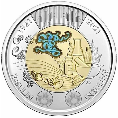 Памятная монета 2 доллара, цветная, 100 лет открытию инсулина. Канада, 2021 г. в. UNC (без обращения) памятная монета 2 доллара окончание первой мировой войны канада 2018 г в unc без обращения