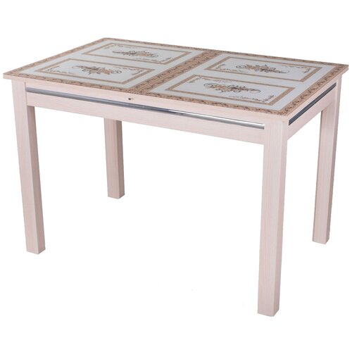 фото Стол кухонный домотека вальс-1 08, раскладной, дхш: 120 х 80 см, длина в разложенном виде: 157 см, мд ст-72 молочный дуб/белый с растительным орнаментом 08 мд молочный дуб