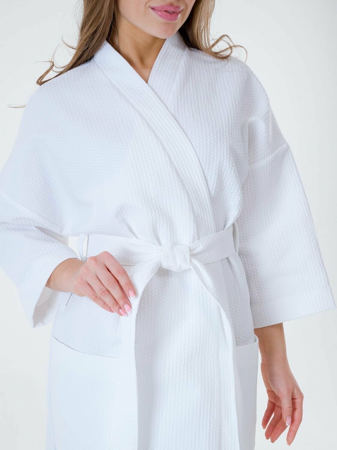 Вафельный халат Кимоно унисекс "Ромбы", белый. Размер 46-48 - фотография № 2