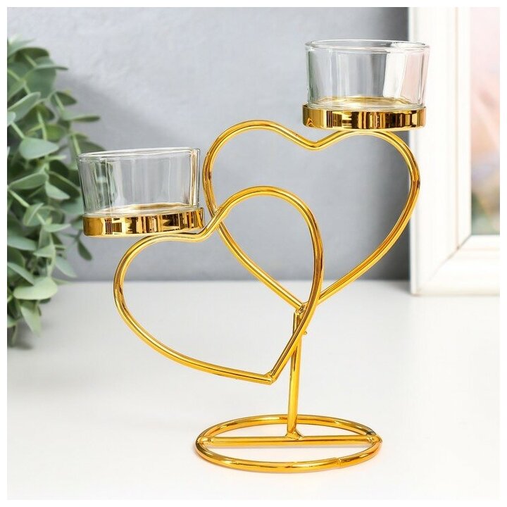 Подсвечник металл, стекло на 2 свечи "Два сердца" d-4,5 см золото 14х6,5х17,5 см - фотография № 1