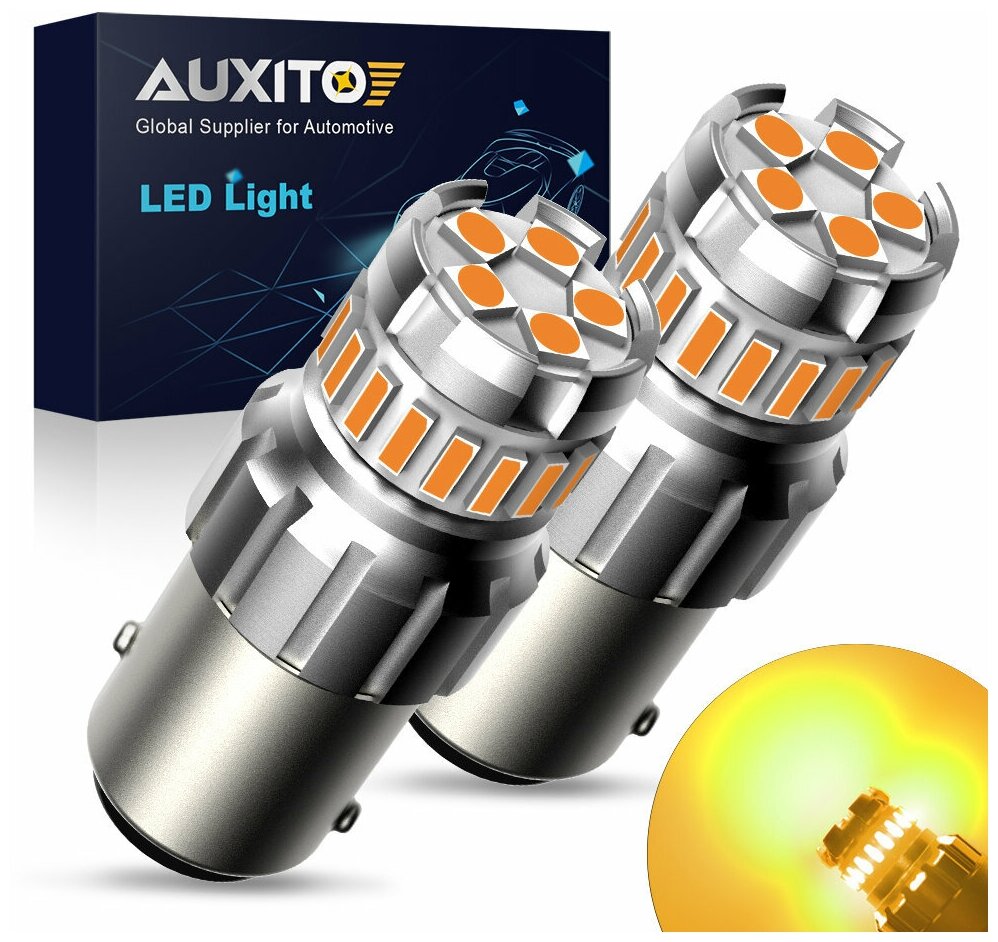 Светодиодная автомобильная LED лампа AUXITO цоколь 1156 (P21W BA15S) одноконтактная Желтый свет 3000К (2 шт) яркий свет сигналы поворотов