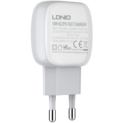 Сетевое ЗУ LDNIO A2313C/ + Кабель PD-L/ PD + QC 3.0/ 2 USB Auto-ID/ Выход: 5V_9V_12V, 18W/белый зарядное устройство ldnio a2522c pd qc 3 0 2xusb cable usb type c white ld c3452