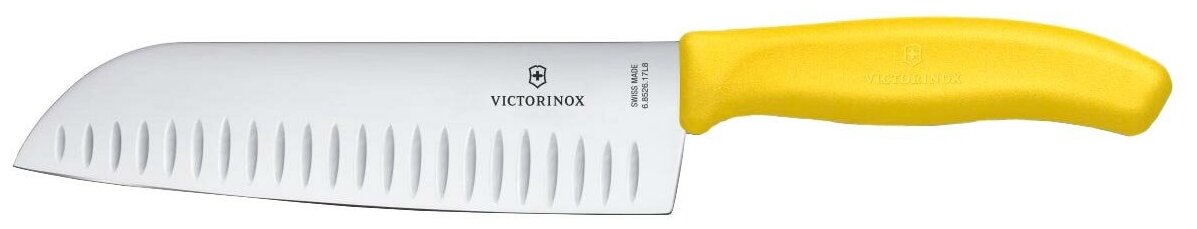 Нож сантоку VICTORINOX SwissClassic, рифлёное лезвие 17 см, жёлтый, в картонном блистере, 6.8526.17L8B