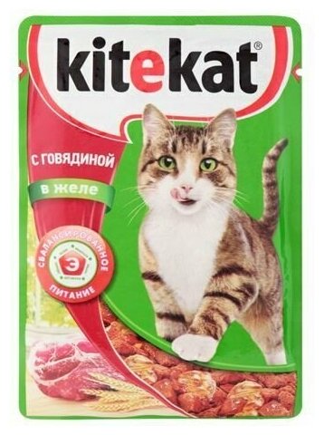 Корм консервированный полнорационный Kitekat для взрослых кошек с говядиной в желе 85г, 24 шт - фотография № 2
