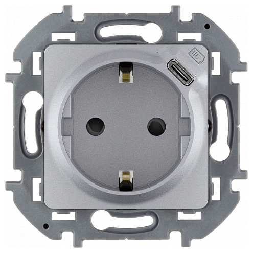 Розетка 2К+З немецкий стандарт 16А 250В со встроенным зарядным устройством USB C 1.5А 5В INSPIRIA алюминий | код 673772 | Legrand ( 1шт. )