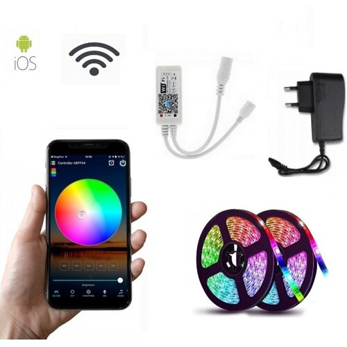 Светодиодная Wifi лента цветная (RGB) Led smd 5050 10m с блоком питания, пультом и Wifi, управление через приложение со смартфона (Микс)